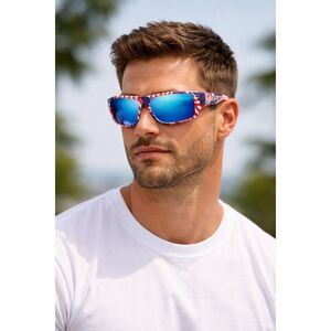 Men’s Patriotic American Flag Sunglasses Blue Mirrored Lens UV Protection